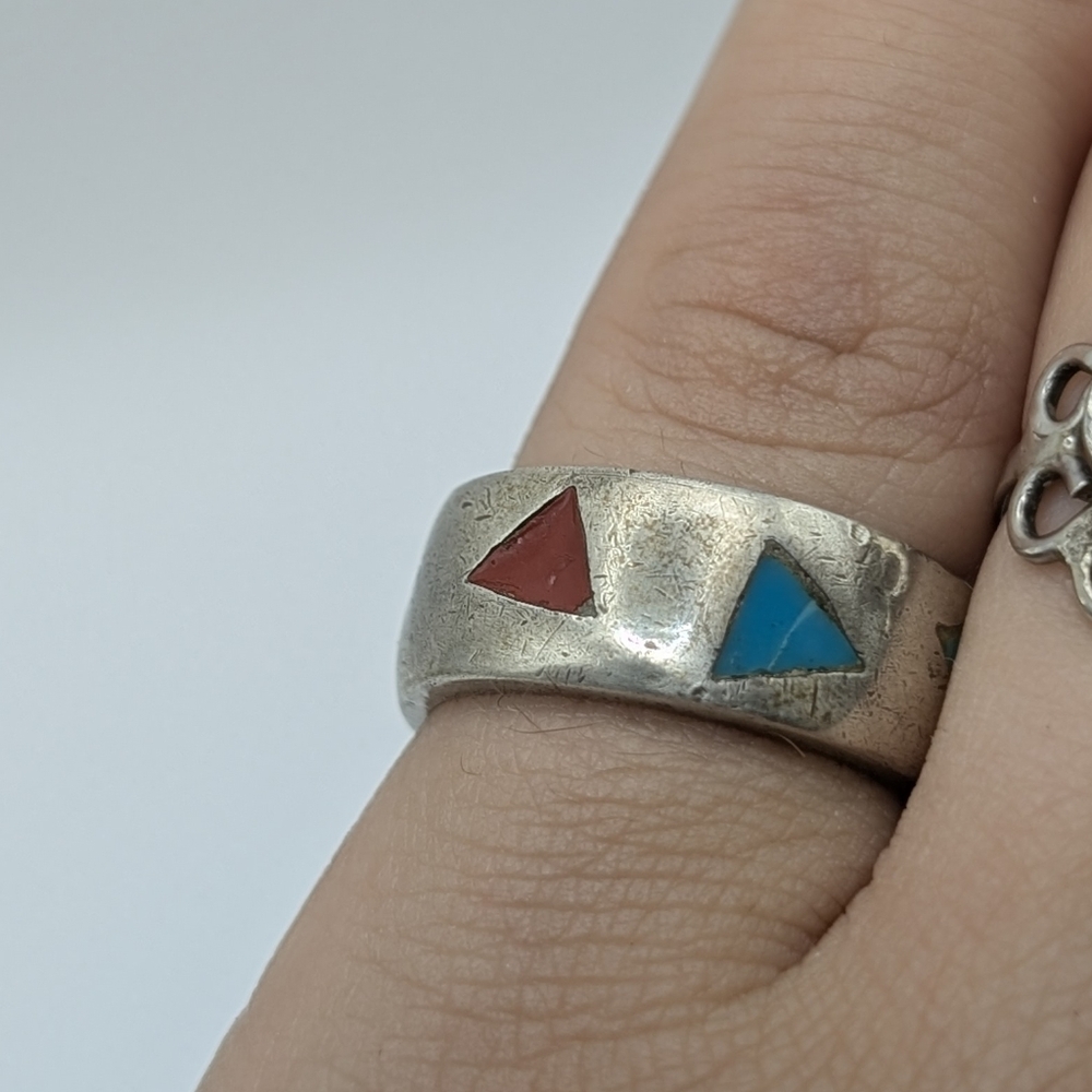 Vintage Turquoise and Coral Inlay Sterling Silver Band Ring